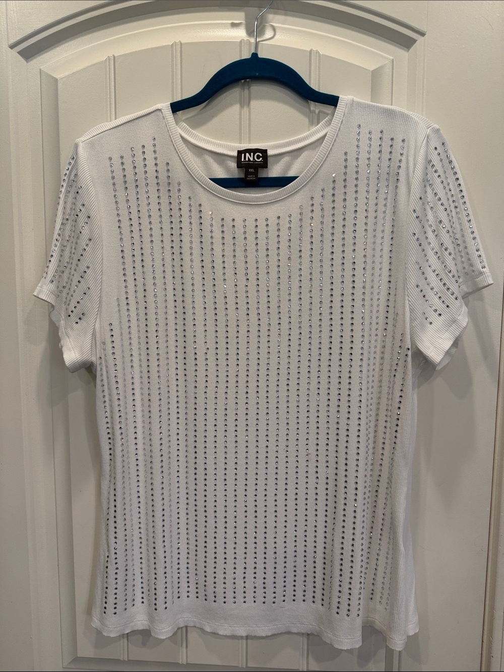 INC International Concepts White Short Sleeve Rhinestone Knit Top